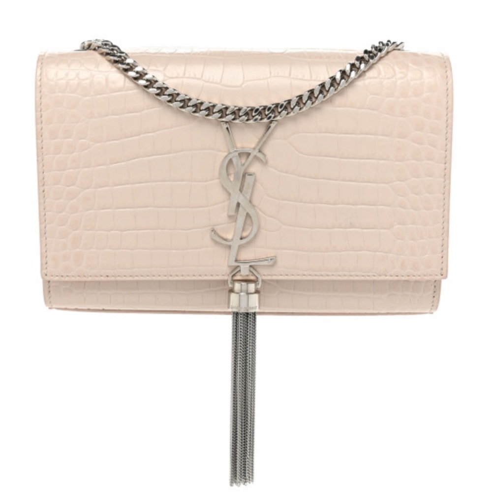 YSL Small Kate Bag With Tassel Crocodile Embossed Flap Crossbody Silver Chain